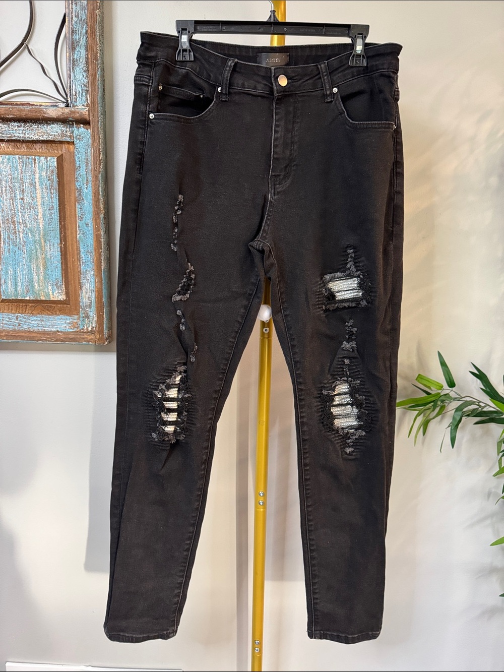 AMIRI Black moto biker Ripped patch Skinny Jeans 34